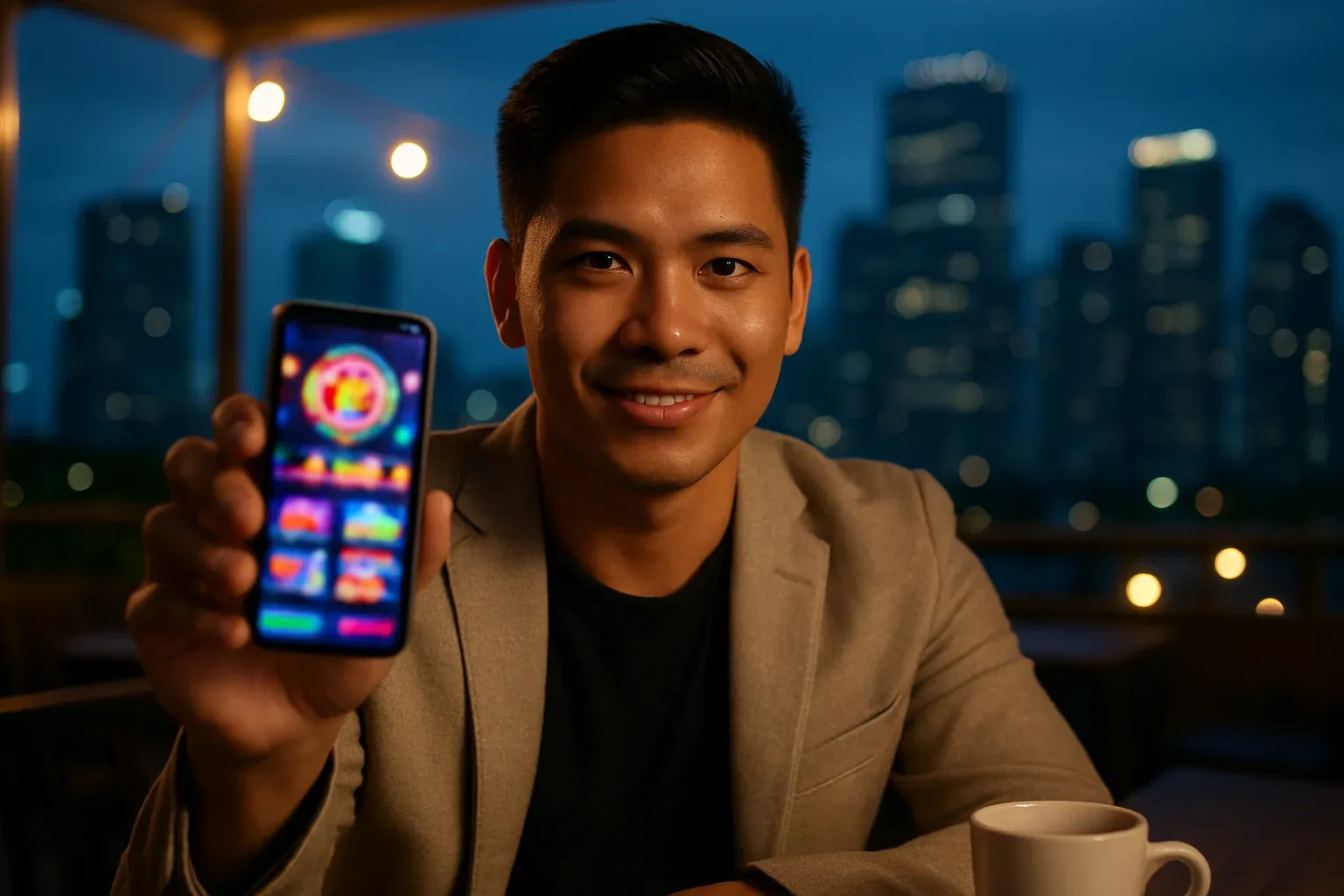 Filipino man at BGC rooftop cafe showing smartphone casino app screen